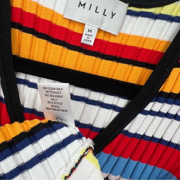 Milly Directional Pop Stripe Bodycon Mini Dress Sleeveless Knit Asymmetrical M - Picture 11 of 11